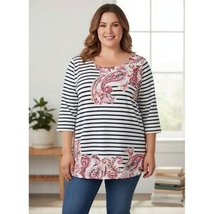Susan Graver Weekend QVC Navy Floral Striped Jersey Tee 3/4 Sleeves Womens Sz 1X